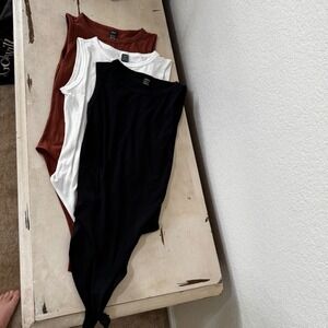 SHEIN Women's 3 Pack Sleeveless Tank Bodysuit Black White Rust XS